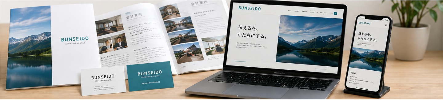 WEBサイトを表示したMacとスマートフォン、会社案内や名刺などの印刷物