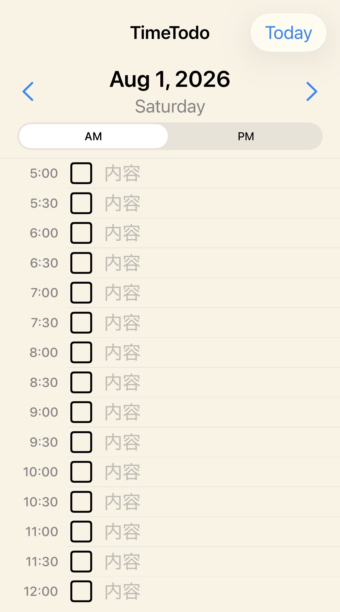 TimeTodo AM screen showing tasks from 5:00 to 12:00