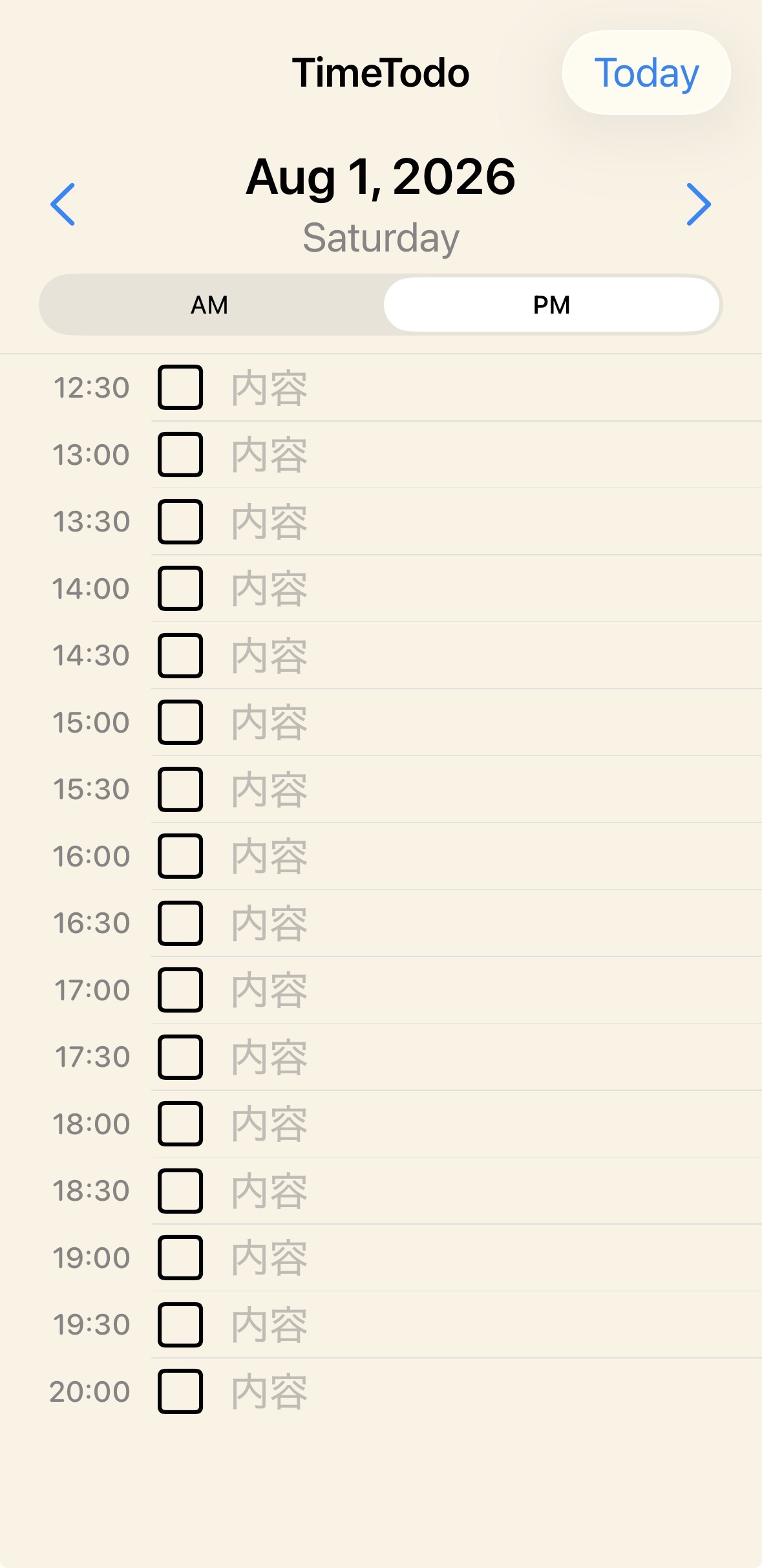 TimeTodo PM screen showing tasks from 12:30 to 20:00
